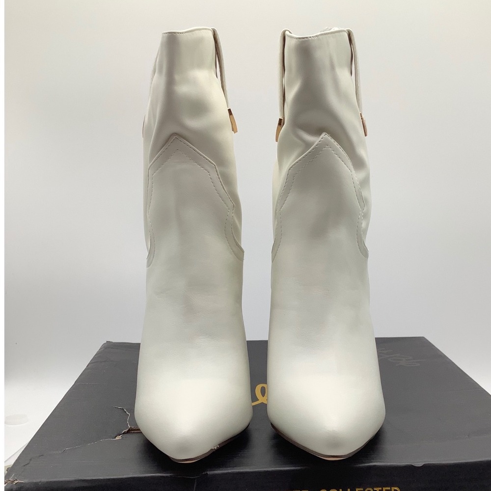 Lulus Taryne White PU Pointed Toe Western Mid-Calf Boots Size 6 Block Heel NEW
